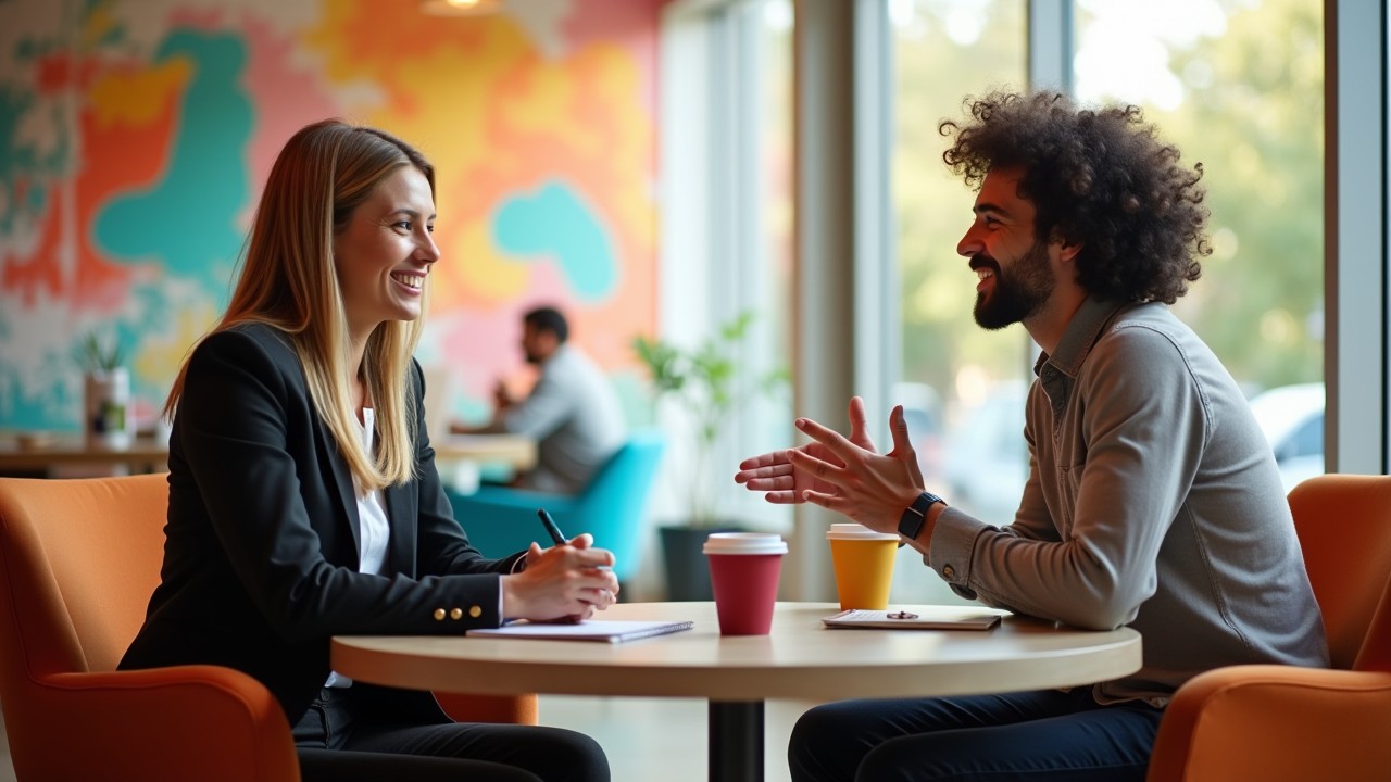 Two people sitting at a table in a modern cafe, engaged in conversation.