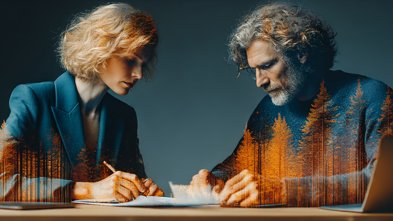 Two people working together at a desk with a laptop.
